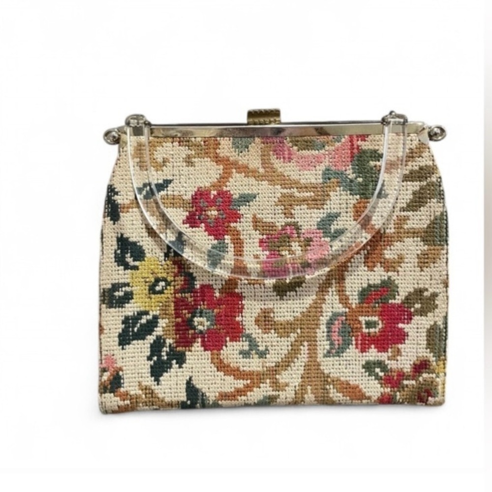 VTG 3-in-1 Tapestry Embroidered Florals Leather Handbag Lucite Handle Kiss Lock